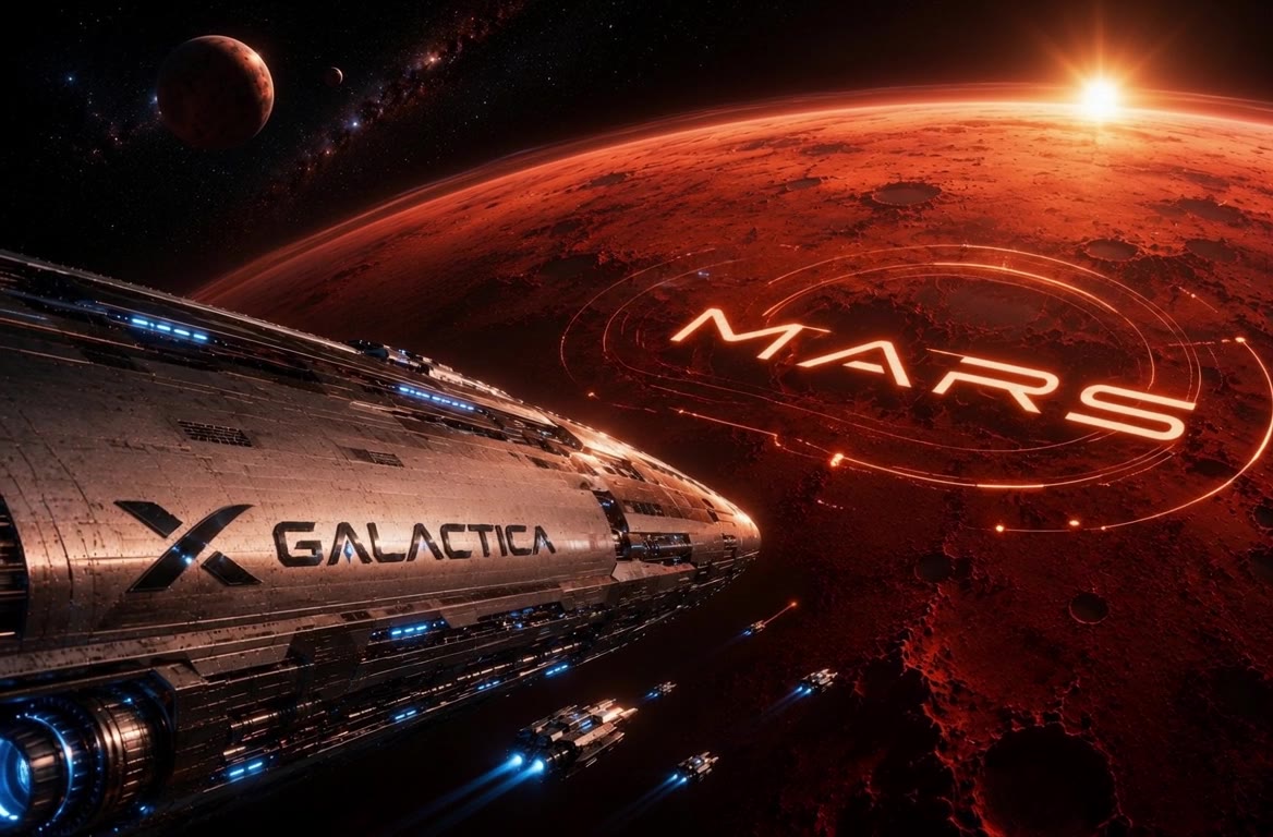 X Galactica spacecraft flying toward Mars