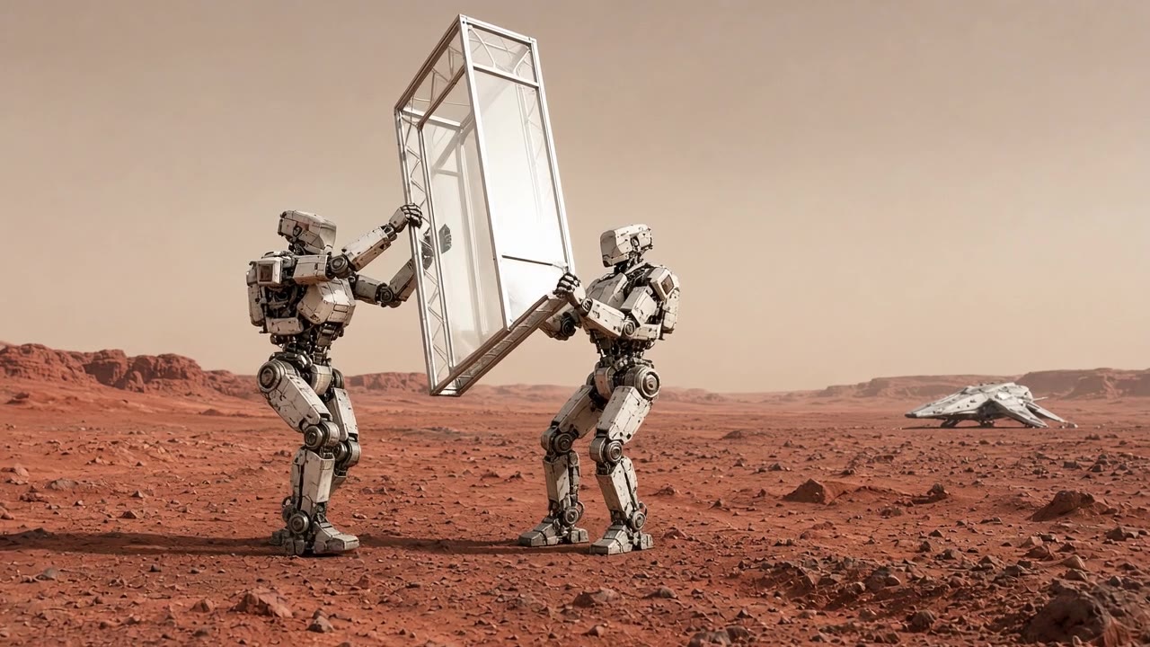 A humanoid robot raising a habitat dome on Mars
