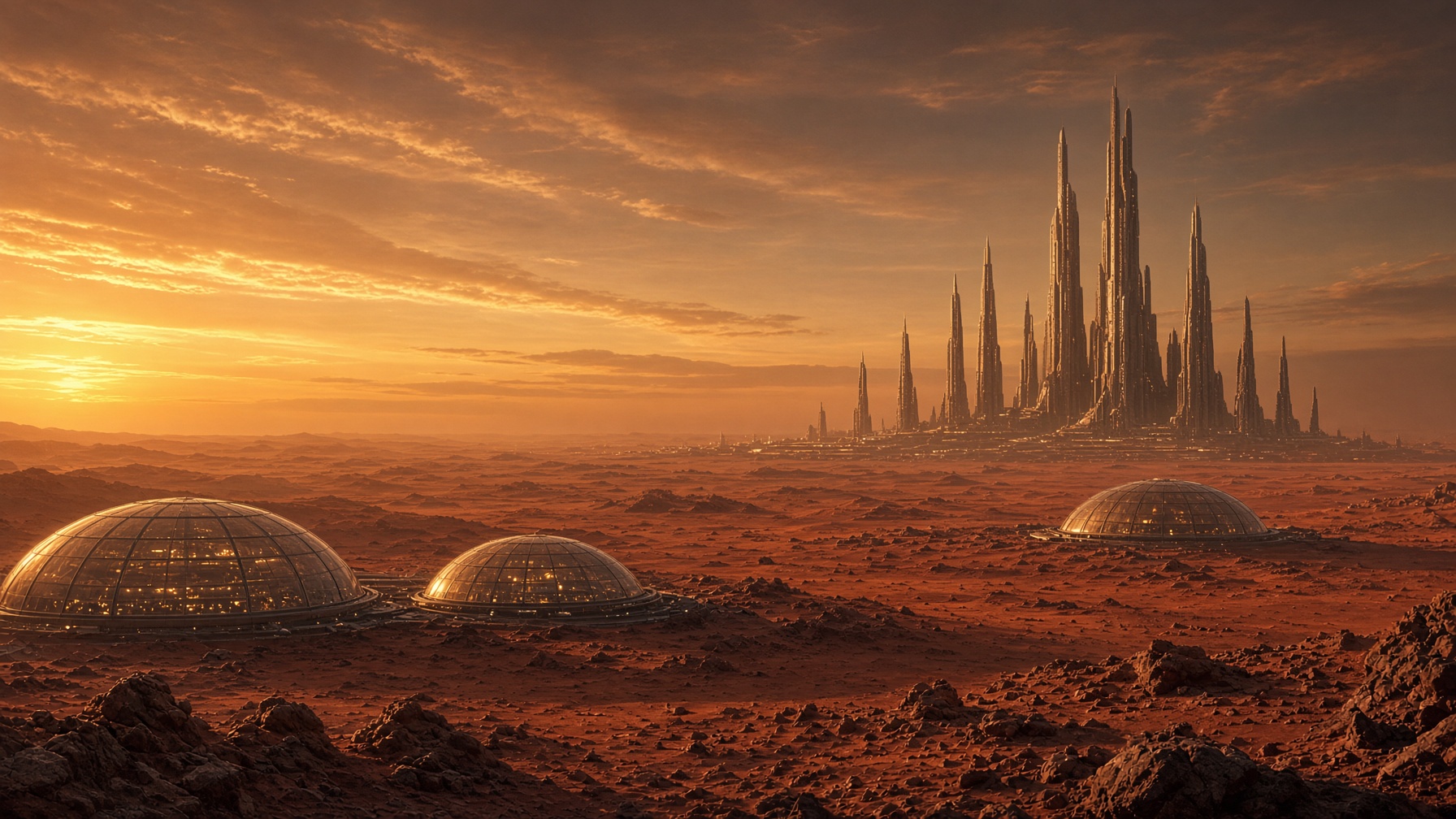 Mars colony — solar arrays, habitat lights, dust at dusk