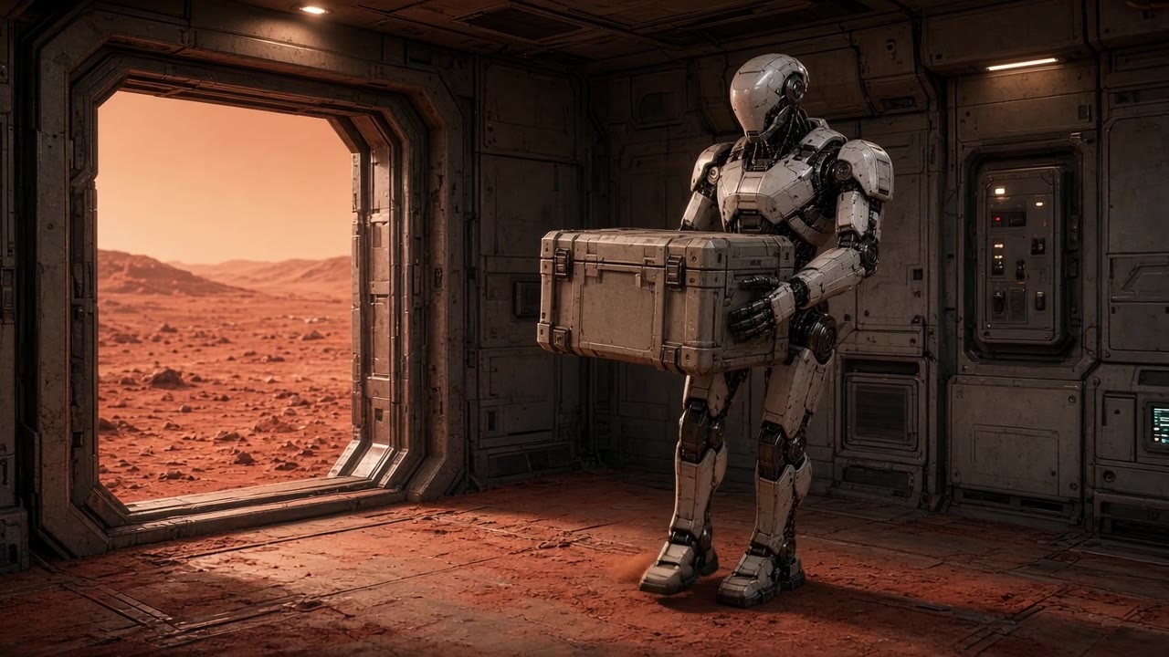 A humanoid robot carrying an archive crate into a Mars habitat