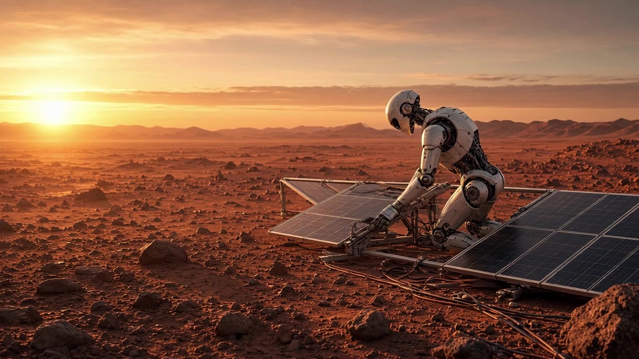 Humanoid robots assembling solar arrays on Mars